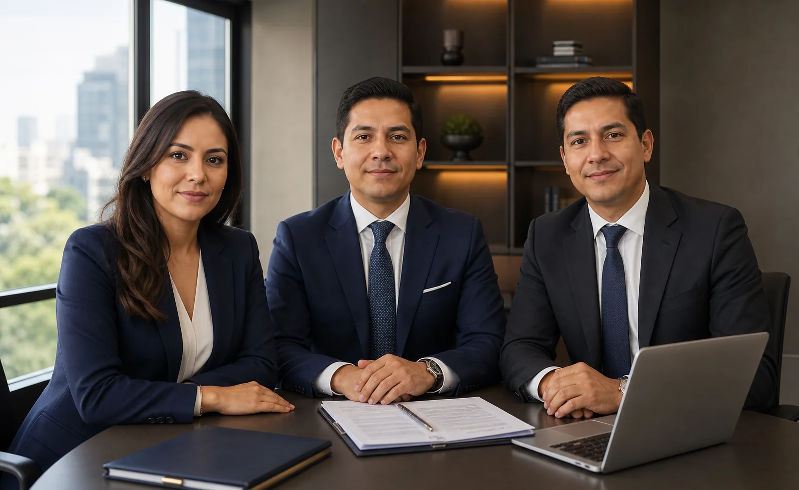 Equipo de tres asesores de Asesores MyR con traje formal en una oficina corporativa